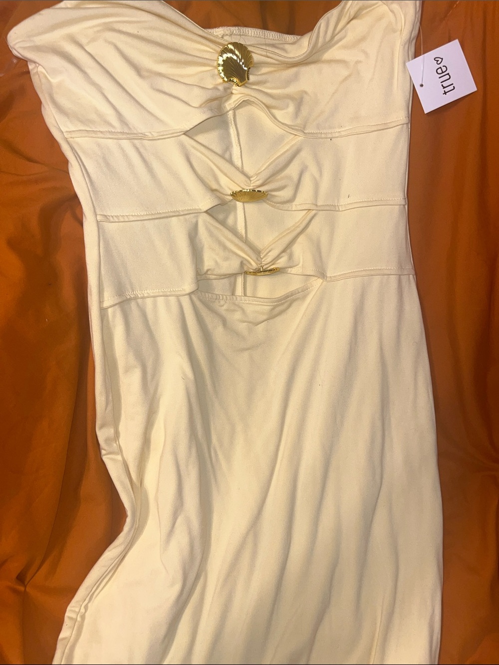 Rue21 Cream Strapless Midi Dress with Gold Accent Rings